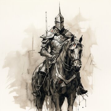 Sketch from knight with black strokes calligraphy horse image AI generated art