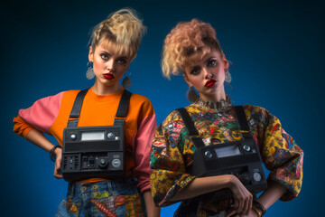 90s, hipsters Memphis style, 1990s, Retro music party, Funky, retrowave, cassette time, tape recorder neon, Fashion street style, bright looks, imported clothing, evocative style.