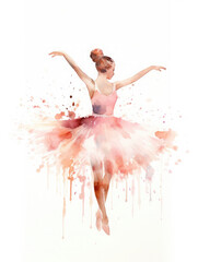 Silhouette of a graceful ballerina in a pink tutu isolated on white. Watercolor style 