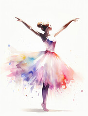 Ballet dancer dancing elegantly in a pink tutu. Classical ballet watercolor illustration on white.  - obrazy, fototapety, plakaty