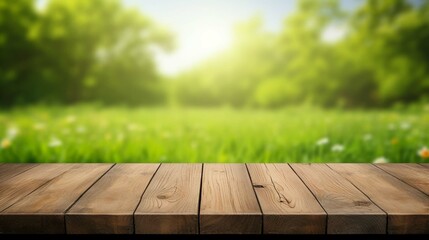 beautiful spring green meadow background with empty wooden table for product display, nature blurred background. generative ai