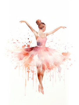 Fototapeta Silhouette of a graceful ballerina in a pink tutu isolated on white. Watercolor style 