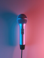 Isolated microphone; pink and blue lights. Music, audio, studio session concept.  - obrazy, fototapety, plakaty