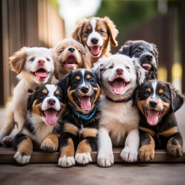 Super cute group different breeds puppies animal illustration picture AI generated art