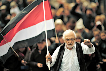 an old man holding a large red and white flag in front of a group of people who are standing behind him