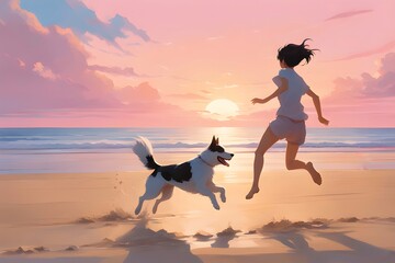 Garota brincando com seu cachorro na beira do mar. Jovem pulando junto de seu border collie na praia.
