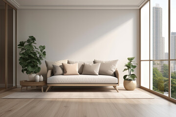 Modern Interior Room Mockup Beige & Earth-Tone Furniture, Fabric Sofa with Pillows, Wooden Flooring, and Balcony with Panoramic View