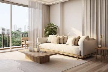 Modern Interior Room Mockup Beige & Earth-Tone Furniture, Fabric Sofa with Pillows, Wooden Flooring, and Balcony with Panoramic View