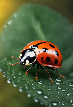Macro imagem de joaninha em cima de uma folha verde com got&iacute;culas de &aacute;gua.