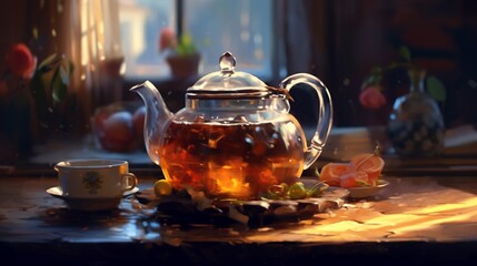 Teapot on the table illustration oil Ai generated art