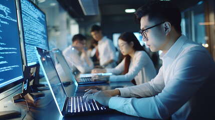 Diverse team of system engineers developing html code and cloud computing in it development agency. Asian software developer typing on keyboard to create artificial intelligence script - obrazy, fototapety, plakaty