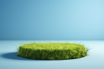 mockup of empty Grass podium, on a blue background. Grass circle, copy space. generative ai.