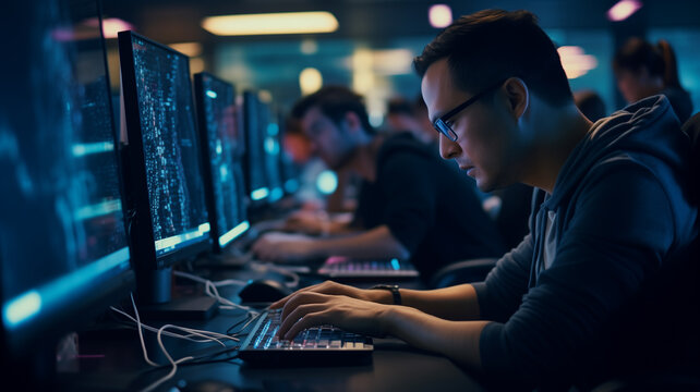 Diverse team of system engineers developing html code and cloud computing in it development agency. Asian software developer typing on keyboard to create artificial intelligence script