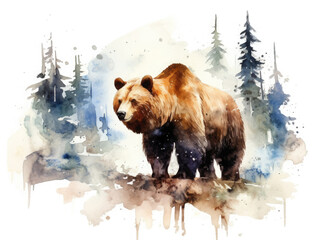 Alaska watercolor illustration. Brown bear in the forest with mountains in the background 