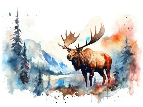 Alaska watercolor illustration. Moose in the forest with mountains in the background 