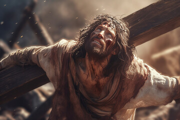 Jesus Christ carries his cross to Golgotha. Bible. Faith. Torment and suffering. Giving his life for our sins. The hard way. Christian symbol of faith. Calvary. God. - obrazy, fototapety, plakaty