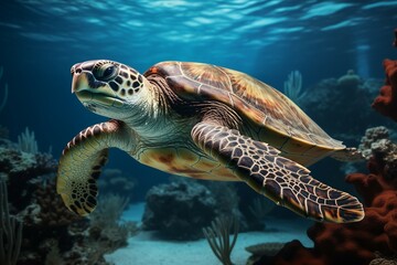 Obraz premium green sea turtle swimming near beautiful coral reef, under water sea turtles close up. Generative AI