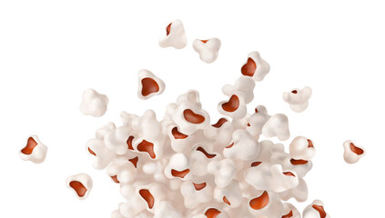 Naklejka premium Popcorn for cinema. Sweet or salty corn snack food isolated on white background. Movie with flying pop-corn seeds. Vector illustration.