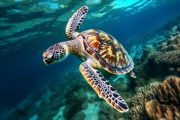 Obraz premium green sea turtle swimming near beautiful coral reef, under water sea turtles close up. Generative AI