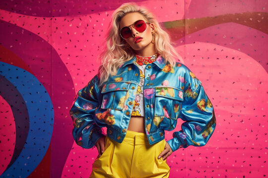 90s, hipsters Memphis style, 1990s, Retro music party, Funky, retrowave, cassette time, tape recorder neon, Fashion street style, bright looks, imported clothing, evocative style. - Powered by Adobe