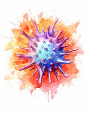 Colorful watercolor illustration of a virus. Infection and pandemic concept. 