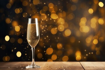 Champagne glass template mockup, alcoholic beverage on the wood table on a holiday background. Suitable for festive designs and wine lists, restaurant menus. - obrazy, fototapety, plakaty