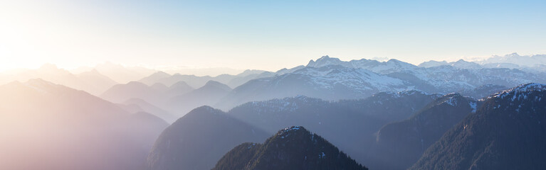 Canadian Mountain Landscape. Aerial Panoramic View. Sunny Sunset. - obrazy, fototapety, plakaty