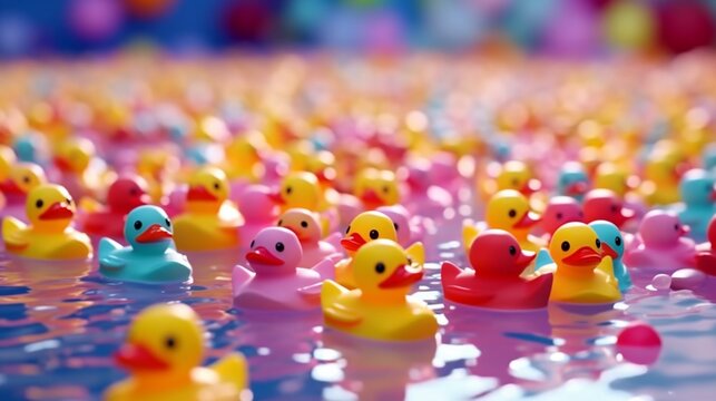 Trendy rubber ducks floating in a pool colorful Ai generated art