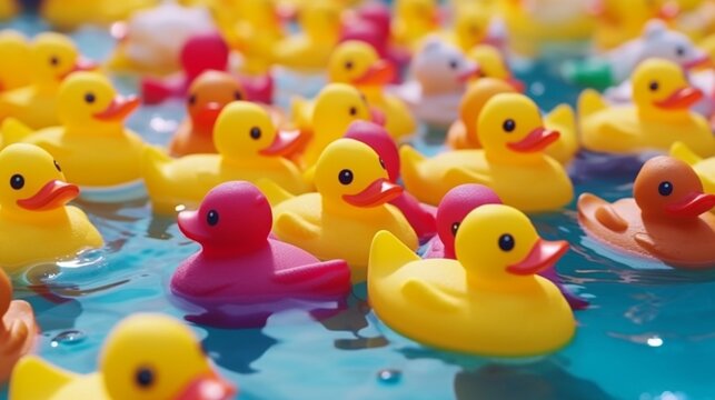 Trendy rubber ducks floating in a pool colorful Ai generated art
