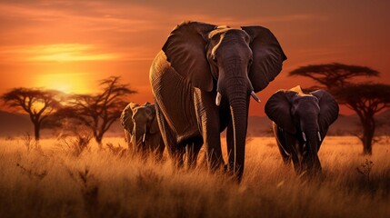 a herd of elephants walking across a dry grass field at sunset with the sun in the background and a few trees in the foreground.. generative ai 