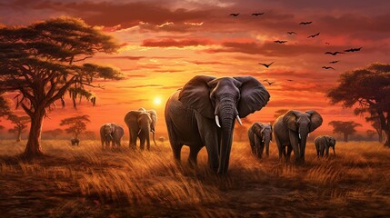 a herd of elephants walking across a dry grass field at sunset with the sun in the background and a few trees in the foreground.. generative ai 