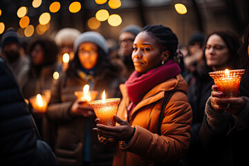 people holding candles in their hands and looking at each other people who are standing on the street with lights behind them - obrazy, fototapety, plakaty