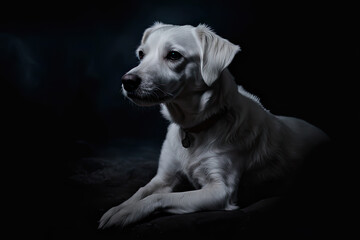 A white dog sitting in the dark