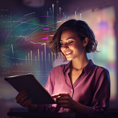 Beautiful girl holding tablet or ipad with holograms behind her, image create with ai generate