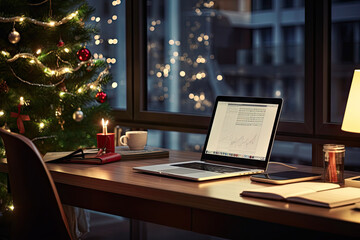 a laptop computer on a desk with a christmas tree in the window behind it and a cup of coffee next to it