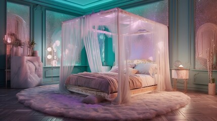 Vaporwave inspired maximalist luxury feminine bedroom Ai generated art