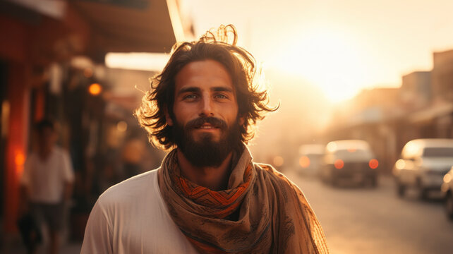 Portrait of bearded young Arab man in Middle East, guy on city street at sunset. Handsome person wearing scarf looking at camera outdoor. Concept of character, people, muslim, face