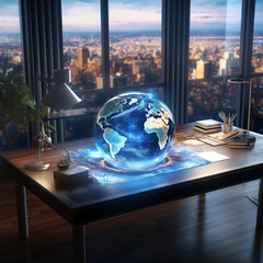 Globe on desk, 3D earth, hologram of earth on desk in office create with ai generate - obrazy, fototapety, plakaty