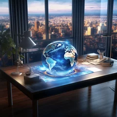 Fotobehang Globe on desk, 3D earth, hologram of earth on desk in office create with ai generate © seriff