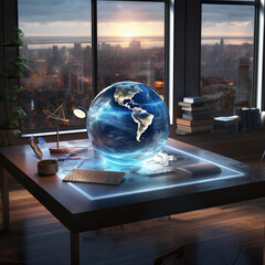 Globe on desk, 3D earth, hologram of earth on desk in office create with ai generate