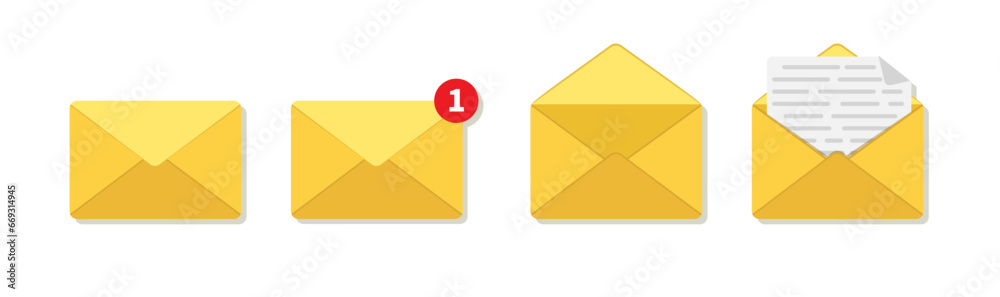 Poster yellow email icons on isolated background. opened envelope with letter. flat closed mail received an