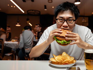 mangiare hamburger ristorante - obrazy, fototapety, plakaty