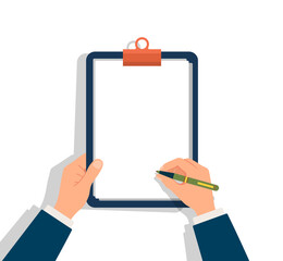 Man holding a clipboard to write. Hand with pen writes on empty sheet of paper. Checklist document for note. vector illustration.