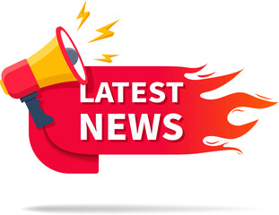 Latest news tag with loudspeaker. Exclusive offer label with megaphone for discount design. Announced badge for social media advertising. vector illustration..