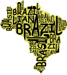 yellow typographic map of brazil - obrazy, fototapety, plakaty