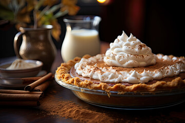 a pie on a table with some cinnamons and milk in the photo is blured by the light from the background