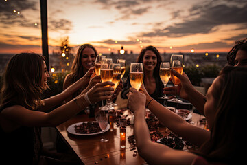 three women toasting at a table with wine glasses in front of them and the sun is setting behind them