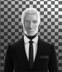 Artificial intelligence robot in suit with a tie. Isolated on a transparent background. Concept of robotization, the replacement of human AI. 3d Vector illustration