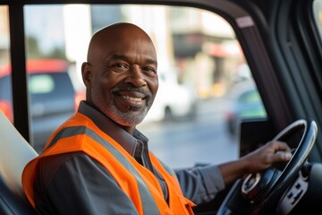Bus driver black man on driving seat smiling