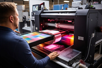 a man printing on a large printer machine in a print shop, he is looking at the color swater